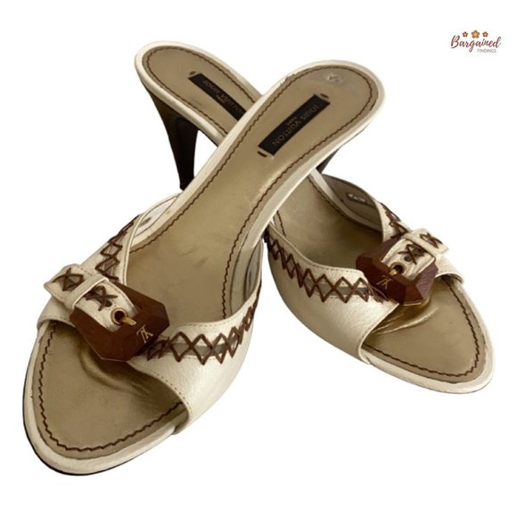 Authentic Louis Vuitton White Leather Buckle Kitten Heels Sandals Size 39/9 - Picture 1 of 14